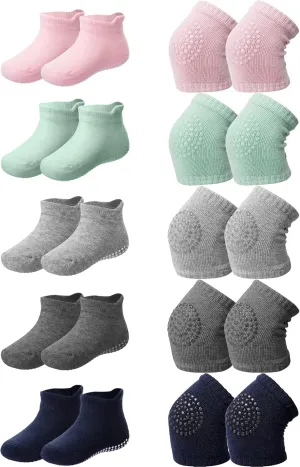 10 Pairs Baby Crawling Anti Slip Knee Pads and Anti Slip Baby Socks Set Unisex Toddler Knee Protectors Non Slip Ankle Socks