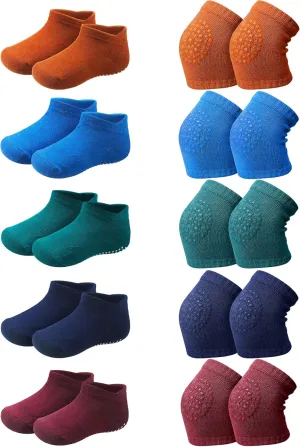 10 Pairs Baby Crawling Anti Slip Knee Pads and Anti Slip Baby Socks Set Unisex Toddler Knee Protectors Non Slip Ankle Socks