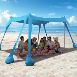 10 x 10 FT Beach Tent Sun Shelter, UPF 50  Beach Canopy with 8 Sandbags Sand Shovels Ground Pegs Stability Poles, Camping Shade for Outdoor Camping Travel Backyard Picnics (Light Blue)