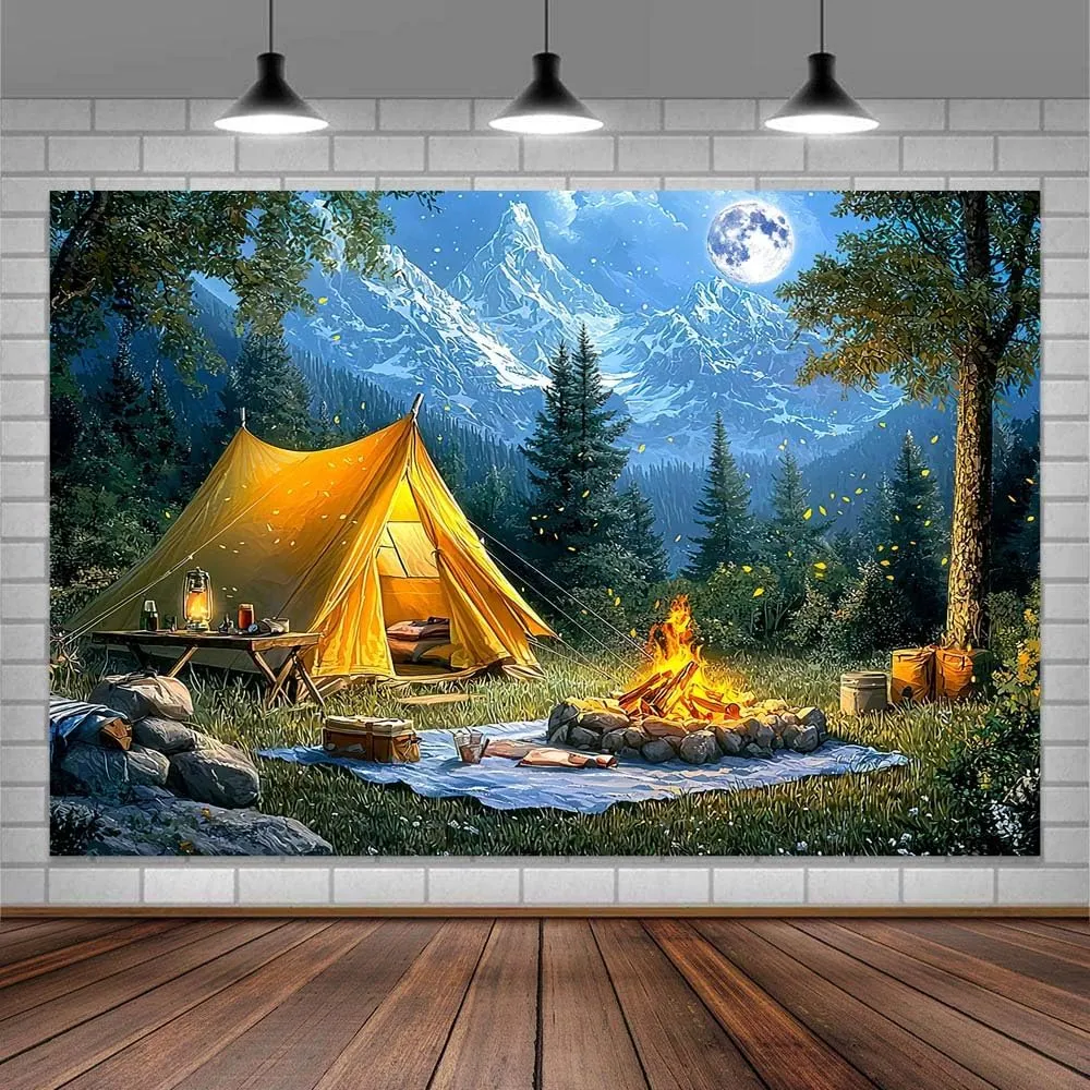 10 x 8 ft Camping Backdrop Forest Night Scene Campfire Tent Photography Background Party Decoration for Camping Theme Party Birthday Party Baby Shower Background Banner