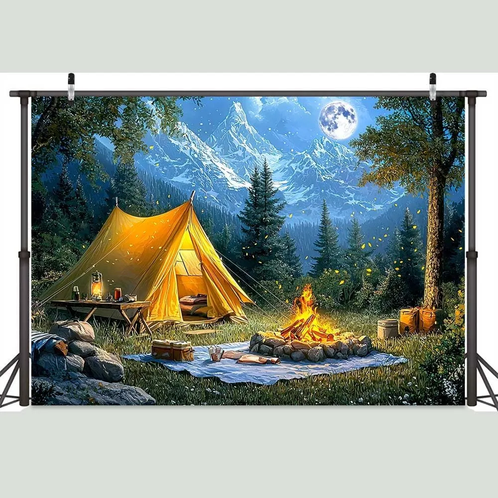 10 x 8 ft Camping Backdrop Forest Night Scene Campfire Tent Photography Background Party Decoration for Camping Theme Party Birthday Party Baby Shower Background Banner