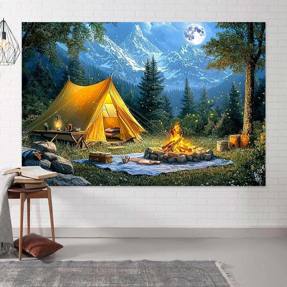 10 x 8 ft Camping Backdrop Forest Night Scene Campfire Tent Photography Background Party Decoration for Camping Theme Party Birthday Party Baby Shower Background Banner