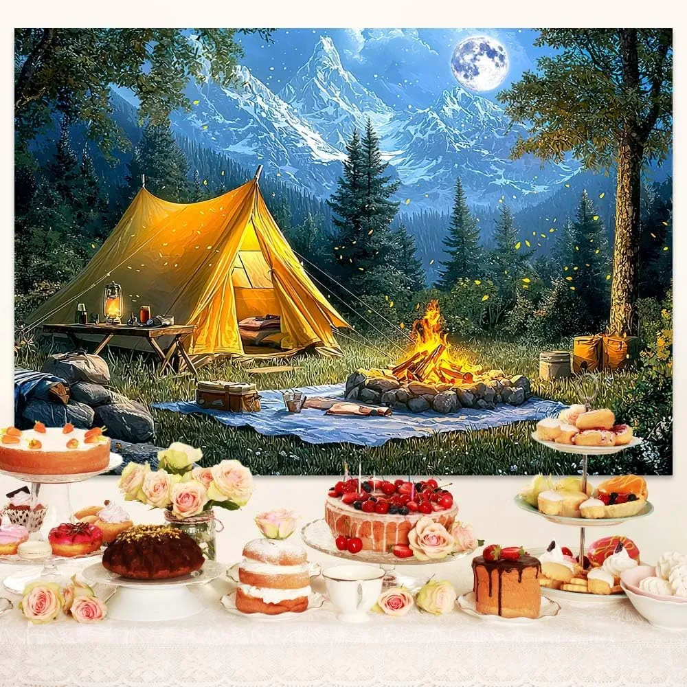 10 x 8 ft Camping Backdrop Forest Night Scene Campfire Tent Photography Background Party Decoration for Camping Theme Party Birthday Party Baby Shower Background Banner