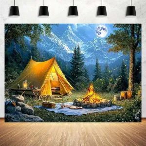 10 x 8 ft Camping Backdrop Forest Night Scene Campfire Tent Photography Background Party Decoration for Camping Theme Party Birthday Party Baby Shower Background Banner