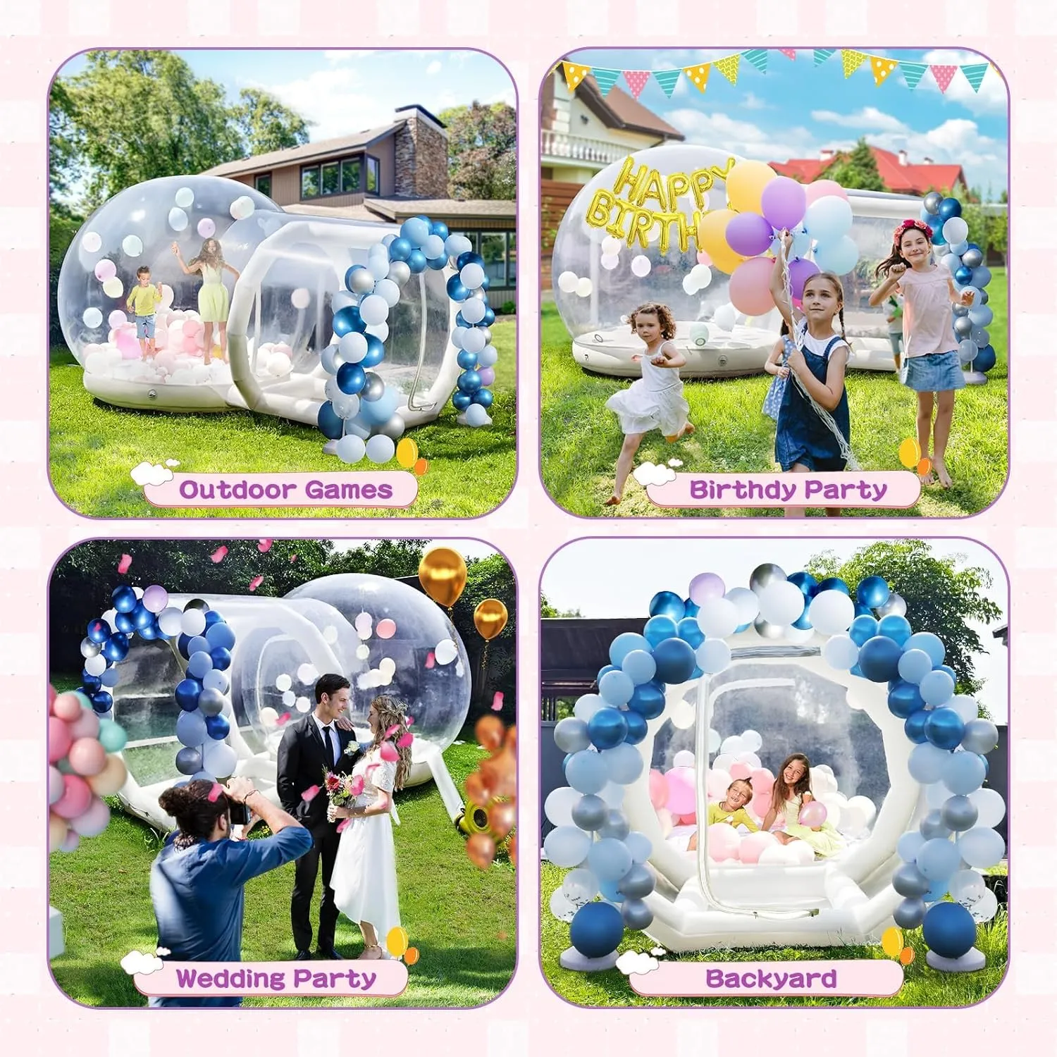 10FT-Double Layer Inflatable Bubble House Dome for Kids Clear PVC Balloon House with Tunnel 750W Air Blower and 600W Air Pump Perfect for Parties Yard Decoration and Outdoor Fun