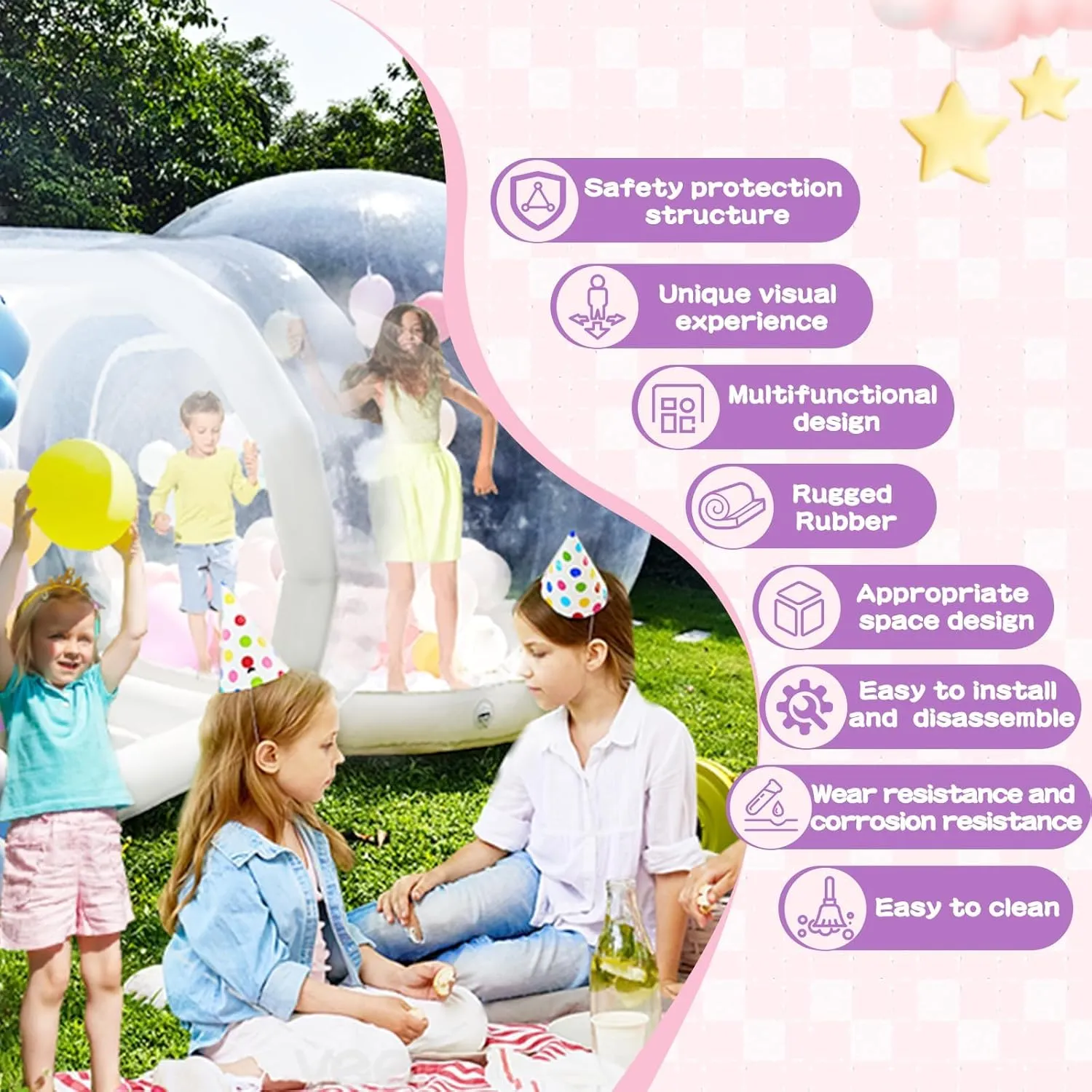 10FT-Double Layer Inflatable Bubble House Dome for Kids Clear PVC Balloon House with Tunnel 750W Air Blower and 600W Air Pump Perfect for Parties Yard Decoration and Outdoor Fun