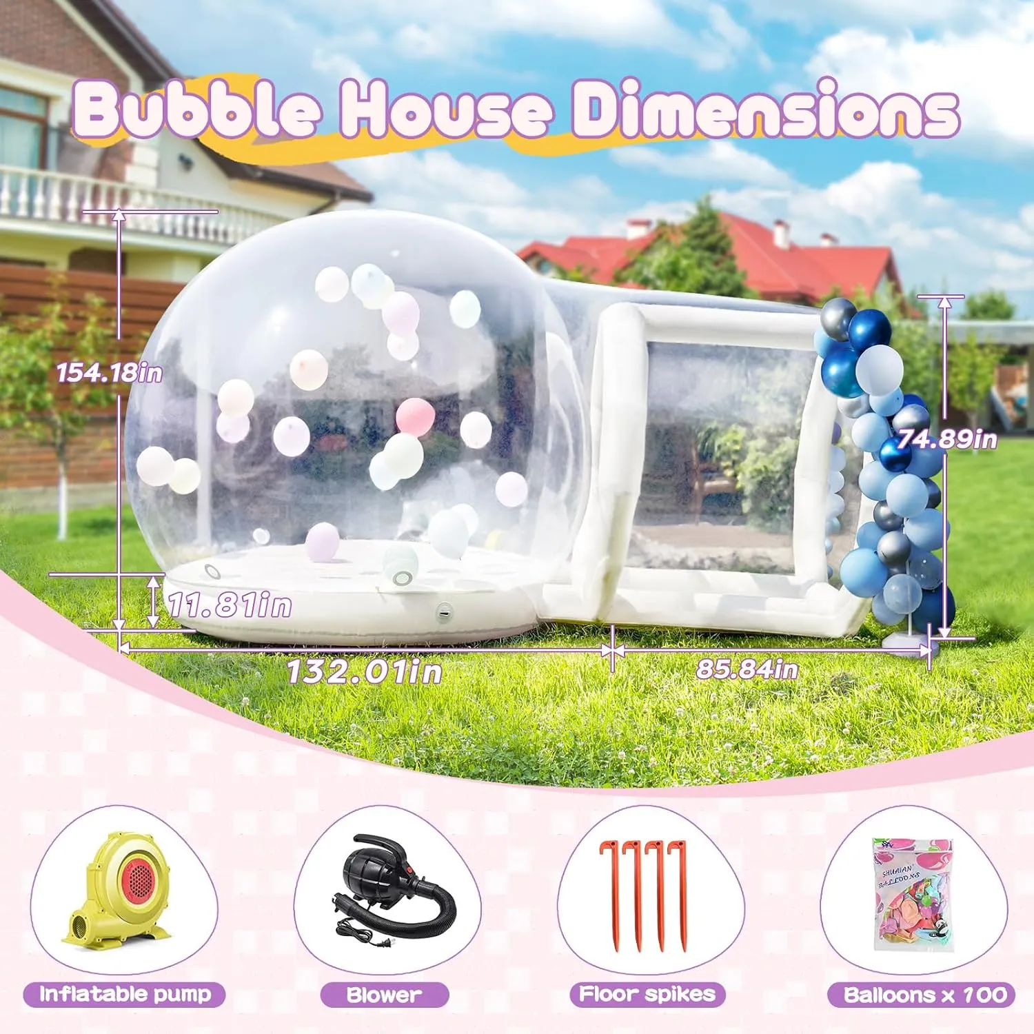 10FT-Double Layer Inflatable Bubble House Dome for Kids Clear PVC Balloon House with Tunnel 750W Air Blower and 600W Air Pump Perfect for Parties Yard Decoration and Outdoor Fun