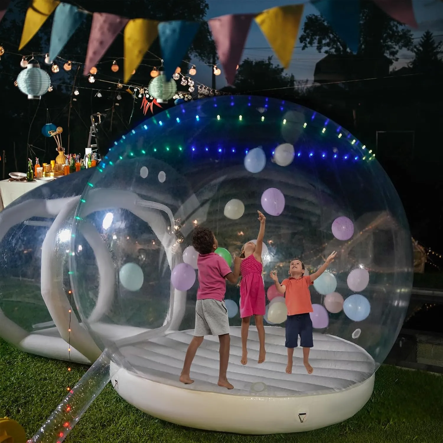 10FT-Double Layer Inflatable Bubble House Dome for Kids Clear PVC Balloon House with Tunnel 750W Air Blower and 600W Air Pump Perfect for Parties Yard Decoration and Outdoor Fun