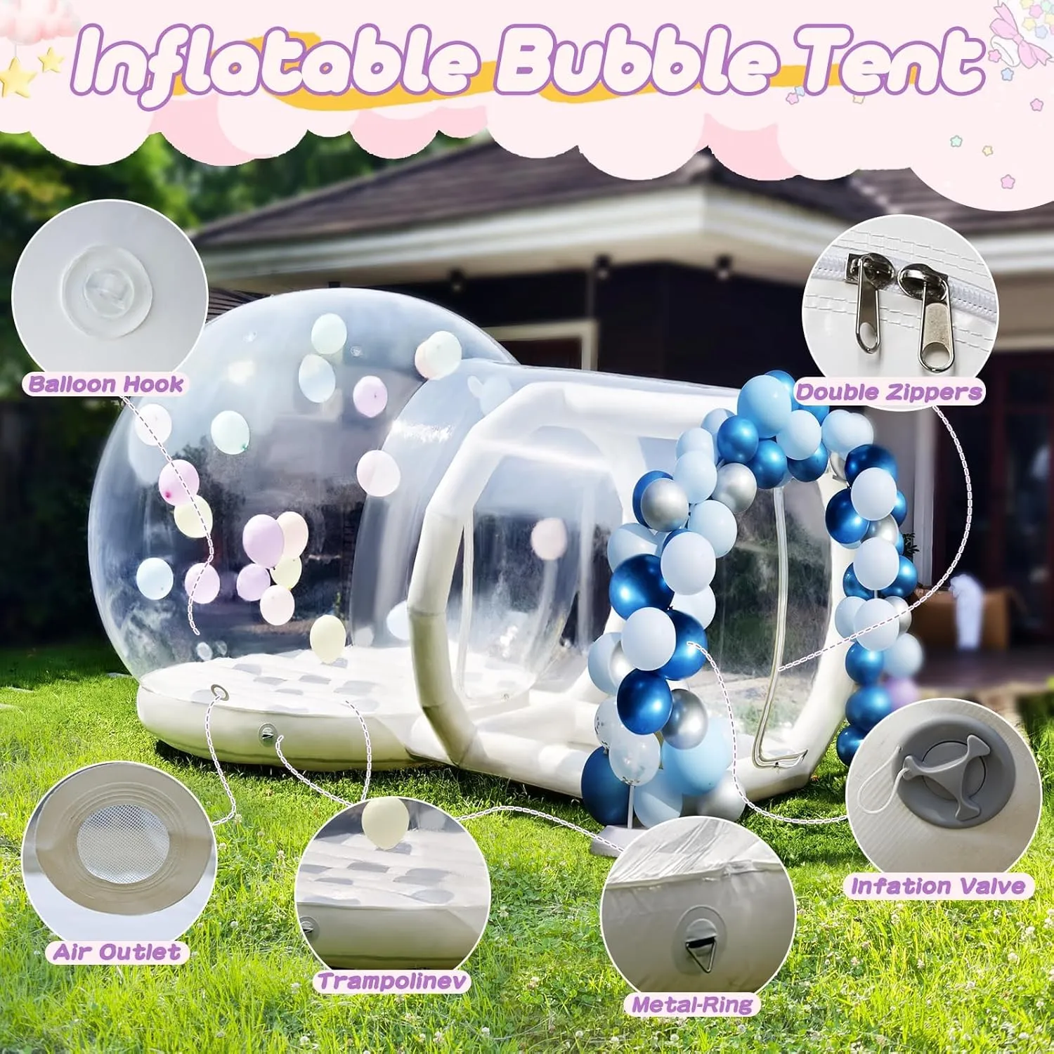 10FT-Double Layer Inflatable Bubble House Dome for Kids Clear PVC Balloon House with Tunnel 750W Air Blower and 600W Air Pump Perfect for Parties Yard Decoration and Outdoor Fun