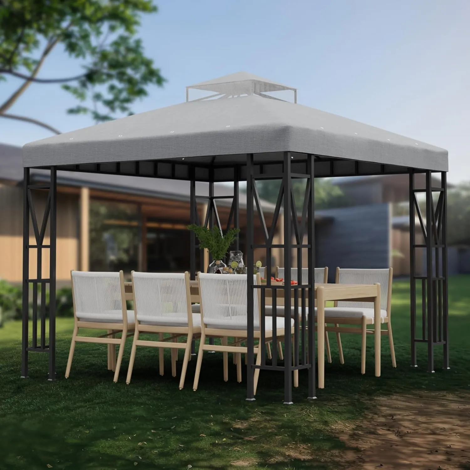 10x10 FT Gazebo Canopy Top Replacement，Double Tiered Canopy Covers with Durable Polyester Fabric for Outdoor BBQ Roof Cover (Gray)