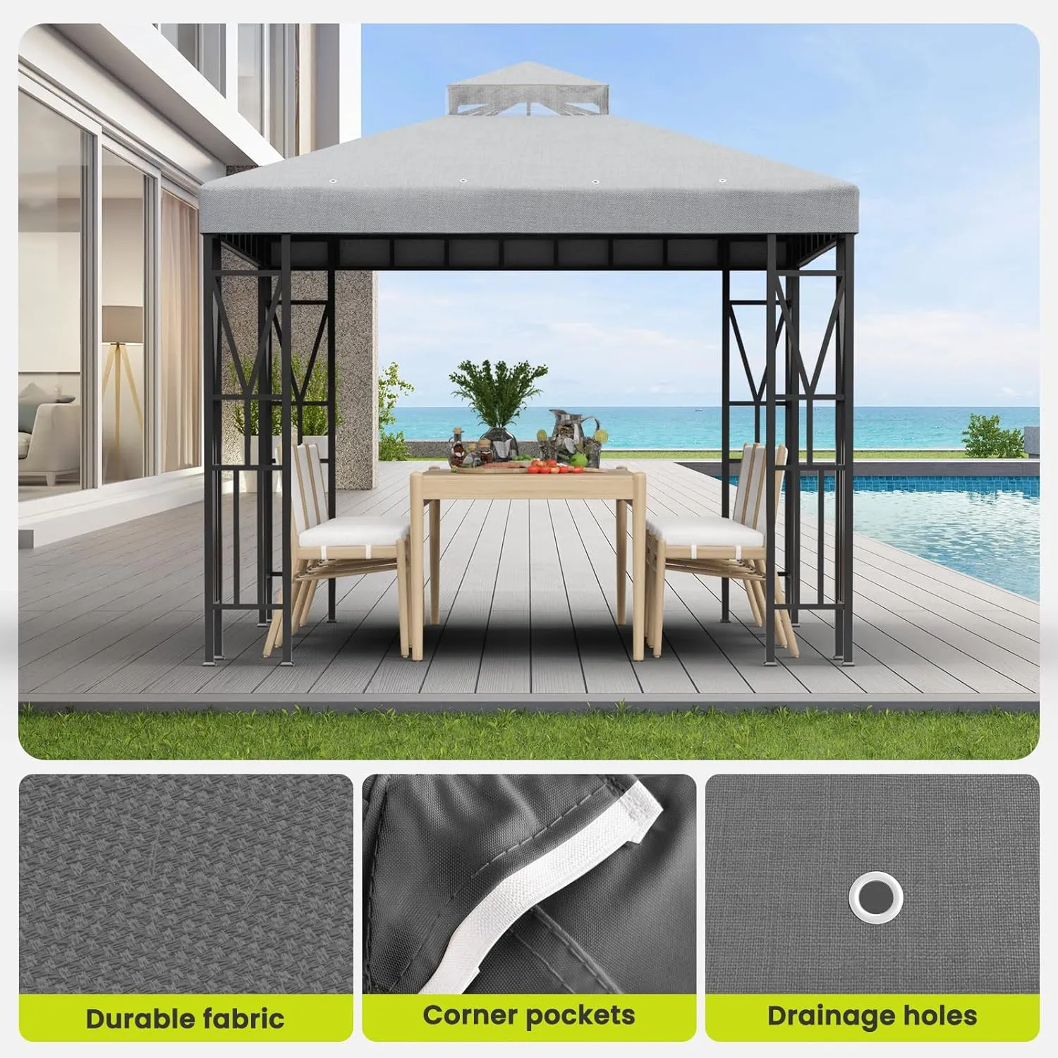 10x10 FT Gazebo Canopy Top Replacement，Double Tiered Canopy Covers with Durable Polyester Fabric for Outdoor BBQ Roof Cover (Gray)