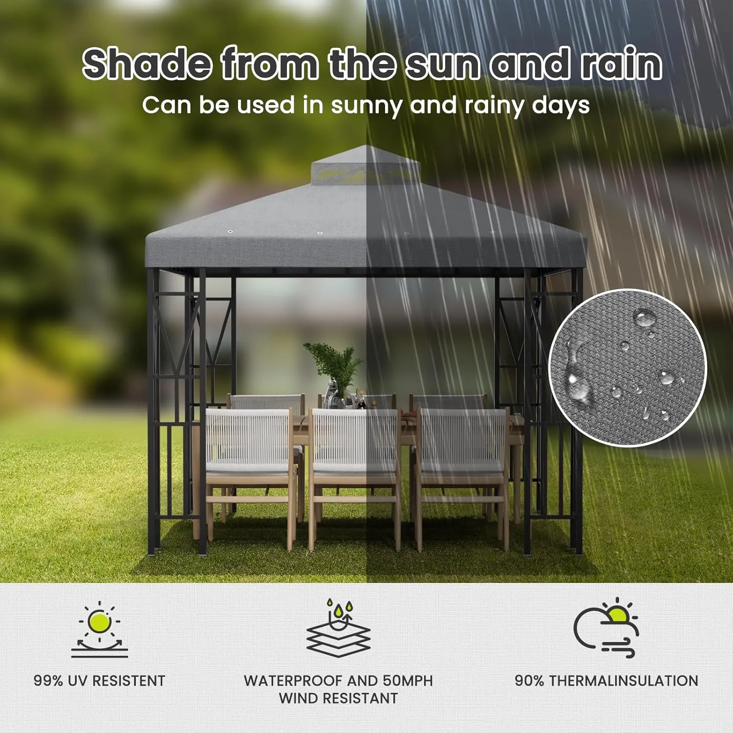 10x10 FT Gazebo Canopy Top Replacement，Double Tiered Canopy Covers with Durable Polyester Fabric for Outdoor BBQ Roof Cover (Gray)