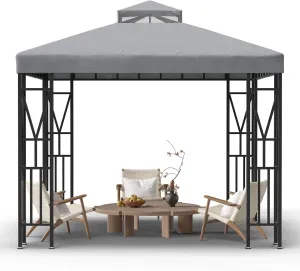 10x10 FT Gazebo Canopy Top Replacement，Double Tiered Canopy Covers with Durable Polyester Fabric for Outdoor BBQ Roof Cover (Gray)