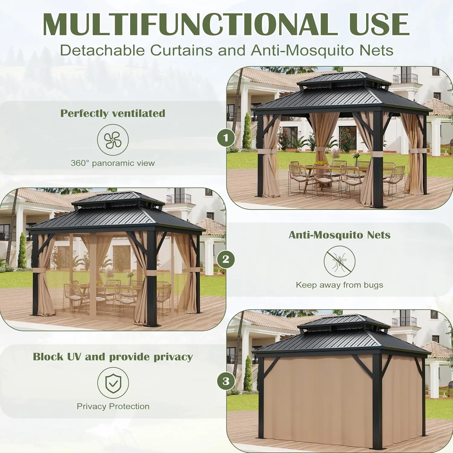 10'x12' Hardtop Metal Gazebo, Patios Double Roof Canopy Aluminum Frame Outdoor Gazebo Tent Curtains Netting for Patio Backyard Deck and Lawns