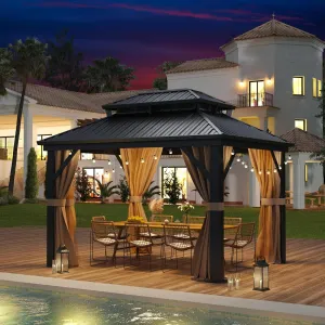 10'x12' Hardtop Metal Gazebo, Patios Double Roof Canopy Aluminum Frame Outdoor Gazebo Tent Curtains Netting for Patio Backyard Deck and Lawns