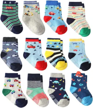 12 Pairs Toddler Boy Socks - Grip, Non-Slip, Cotton, Anti-Skid Socks for Kids & Boys