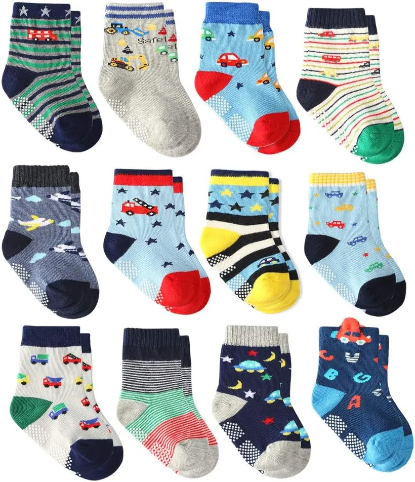12 Pairs Toddler Boy Socks - Grip, Non-Slip, Cotton, Anti-Skid Socks for Kids & Boys