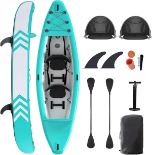 1/2-Person Inflatable Kayak for Adults, Heavy-Duty PVC, Drop-Stitch Floor, Lightweight, Portable, and Durable Tandem Kayak for Fishing, Touring, and Water Sports