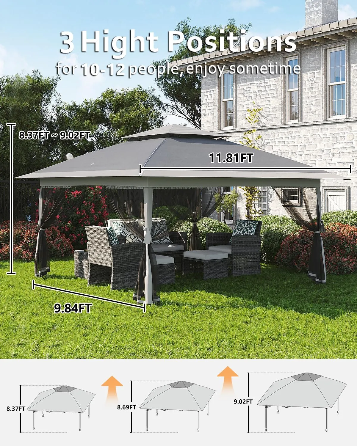 12x12 Canopy Tent, Pop Up Gazebo with Mosquito Netting, Outdoor Gazebo with 4 Sandbags & Wheeled Bag, pop up Canopy for Backyard & Patio Furniture, Patio, Deck