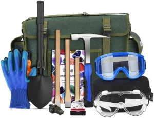 14 PCS Geology Rock Pick Hammer Kit,21oz Hammer & 3 PCS Digging Chisels Set for Rock Hounding,Rock Hounding Equipment with Musette Bag,Shovel,Compass, Whistle,for Gold Mining & Prospecting