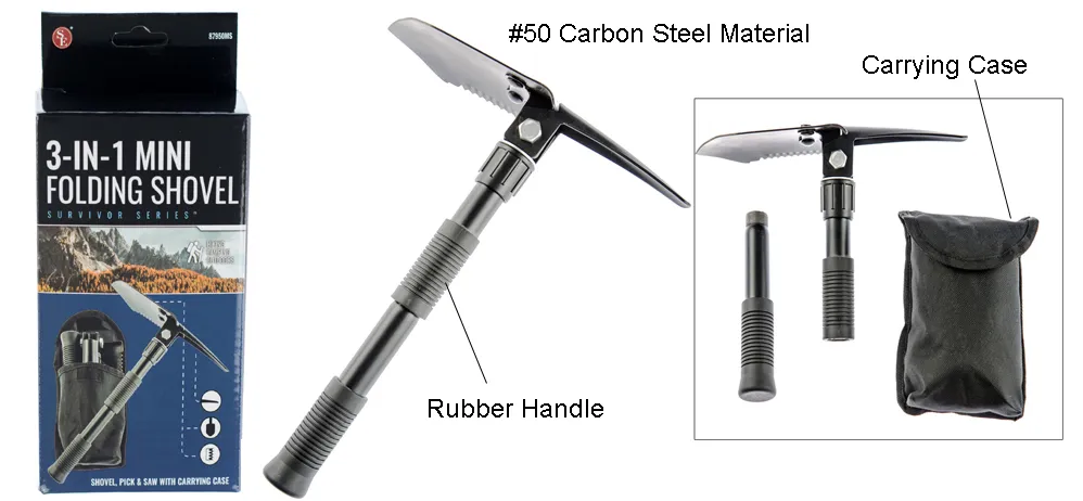 16-1/8" 3-in-1 Mini Folding Shovel With Pick, Saw & Carrying Case