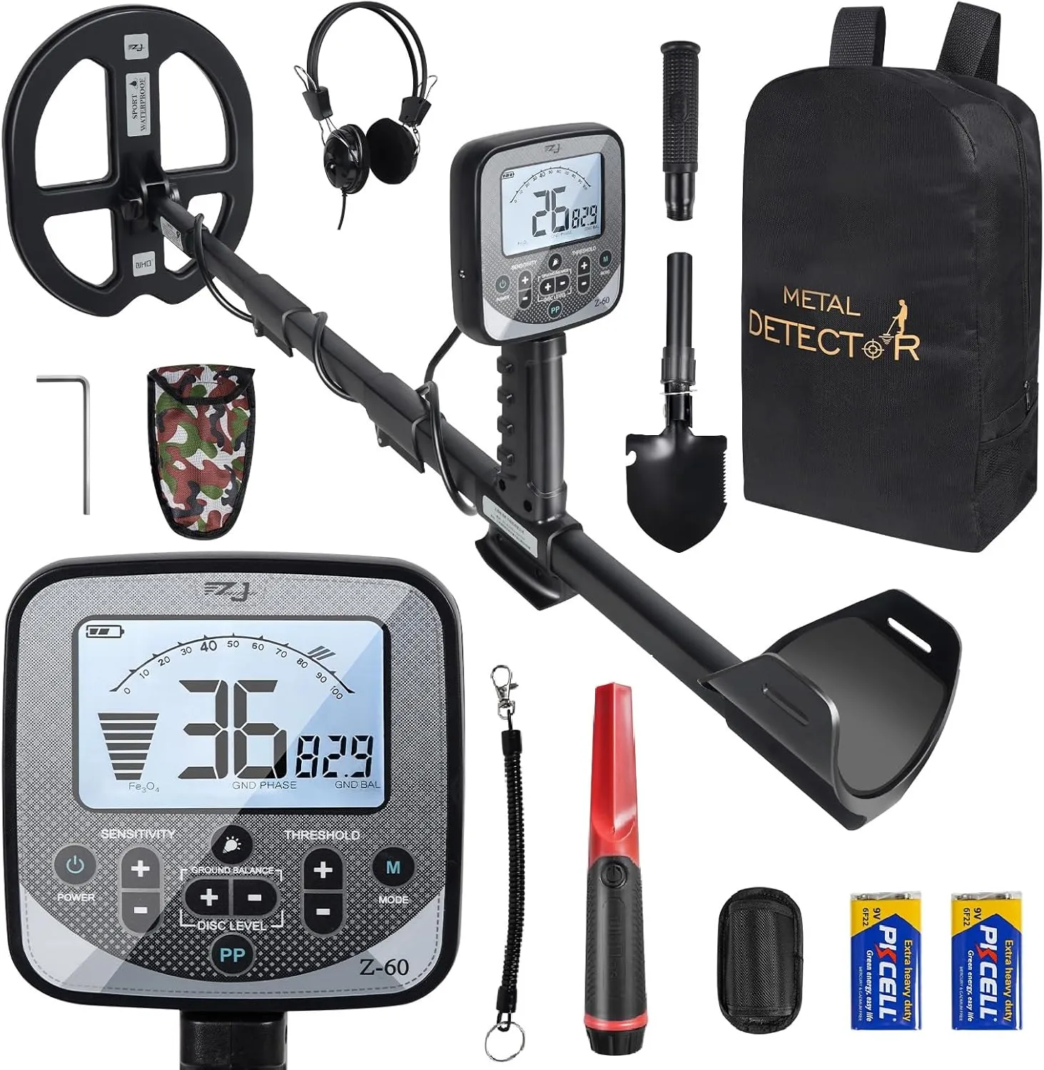 16 inch Depth Metal Detector for Adults,19.2 kHz Professional Metal Detector Kit with Pinpointer High Sensitivity DISC&PP Mode Waterproof Gold Detector with Dual D Search Coil,LCD Backlight Display