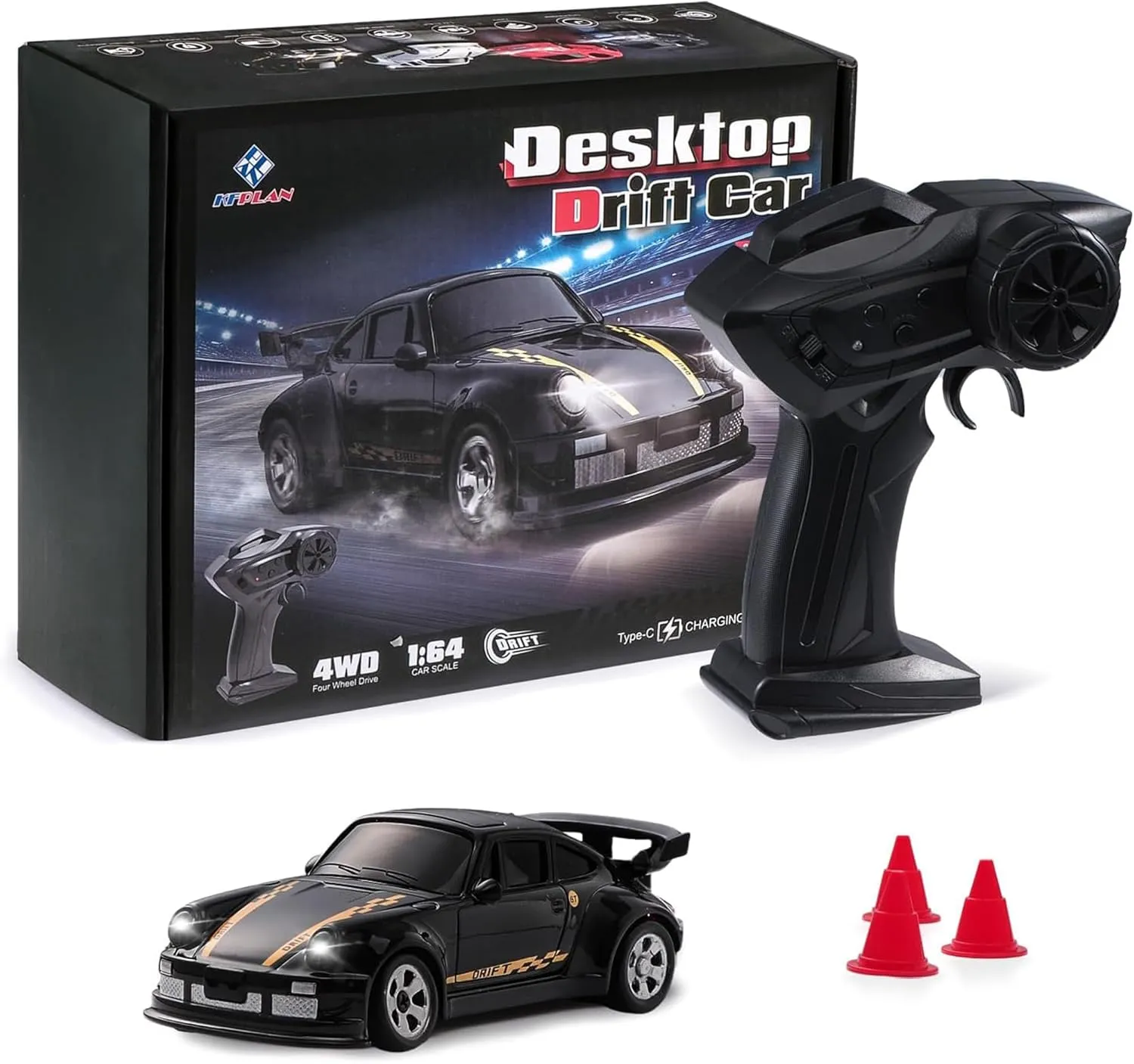 1:64 Scale RC Drift Car, Mini Rc Cars 2.4GHz 15km/h 4WD High Speed Racing Remote Control Car with LED Light, Model VehicleToy Gift for Adults & Kids (Black)