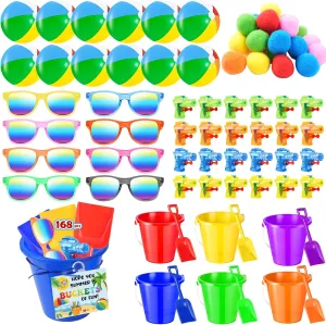 168Pcs 24 Set End of The Year Student Gifts,Beach Balls Sand Bucket and Shovels Set Neon Sunglasses Water Squirts Water Balls Summer Cards for Pool Beach Party Favors