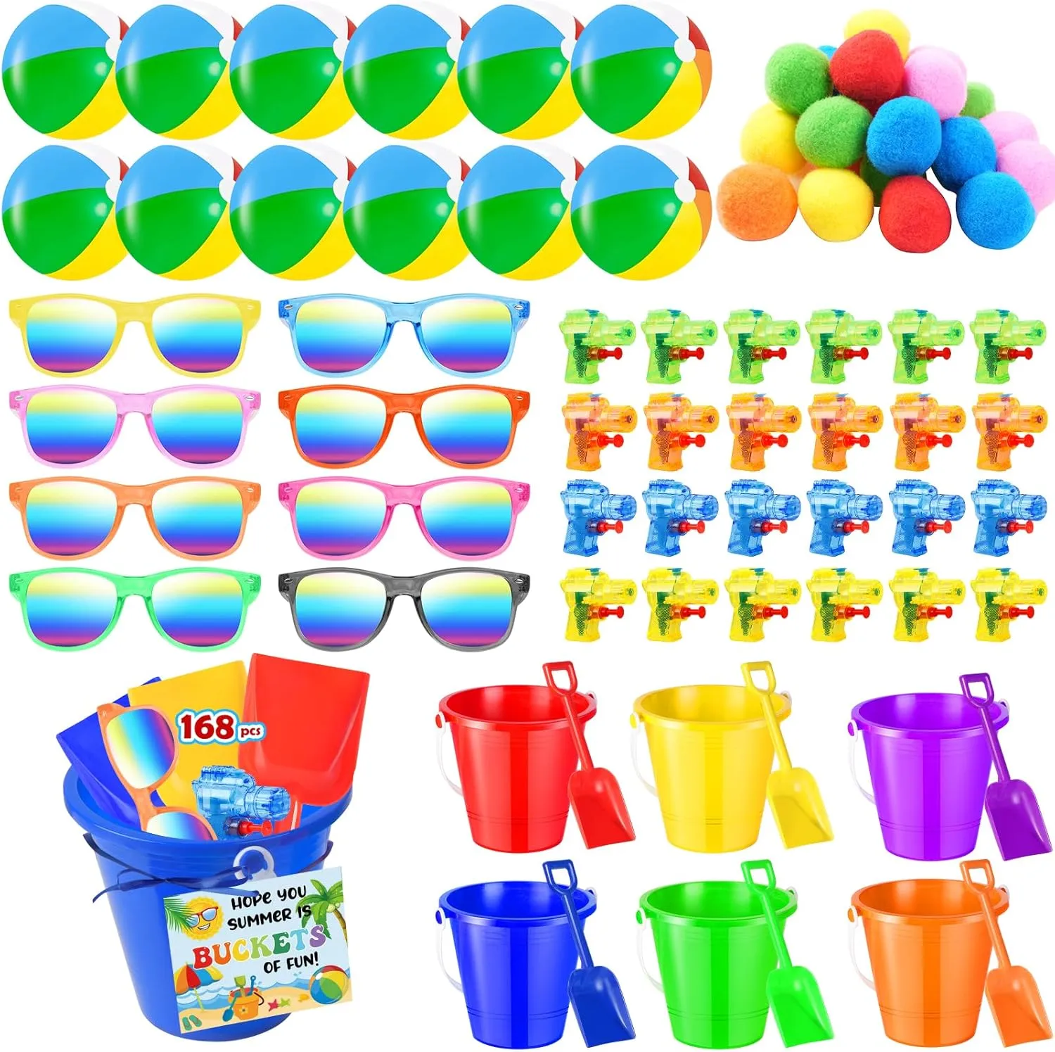 168Pcs 24 Set End of The Year Student Gifts,Beach Balls Sand Bucket and Shovels Set Neon Sunglasses Water Squirts Water Balls Summer Cards for Pool Beach Party Favors