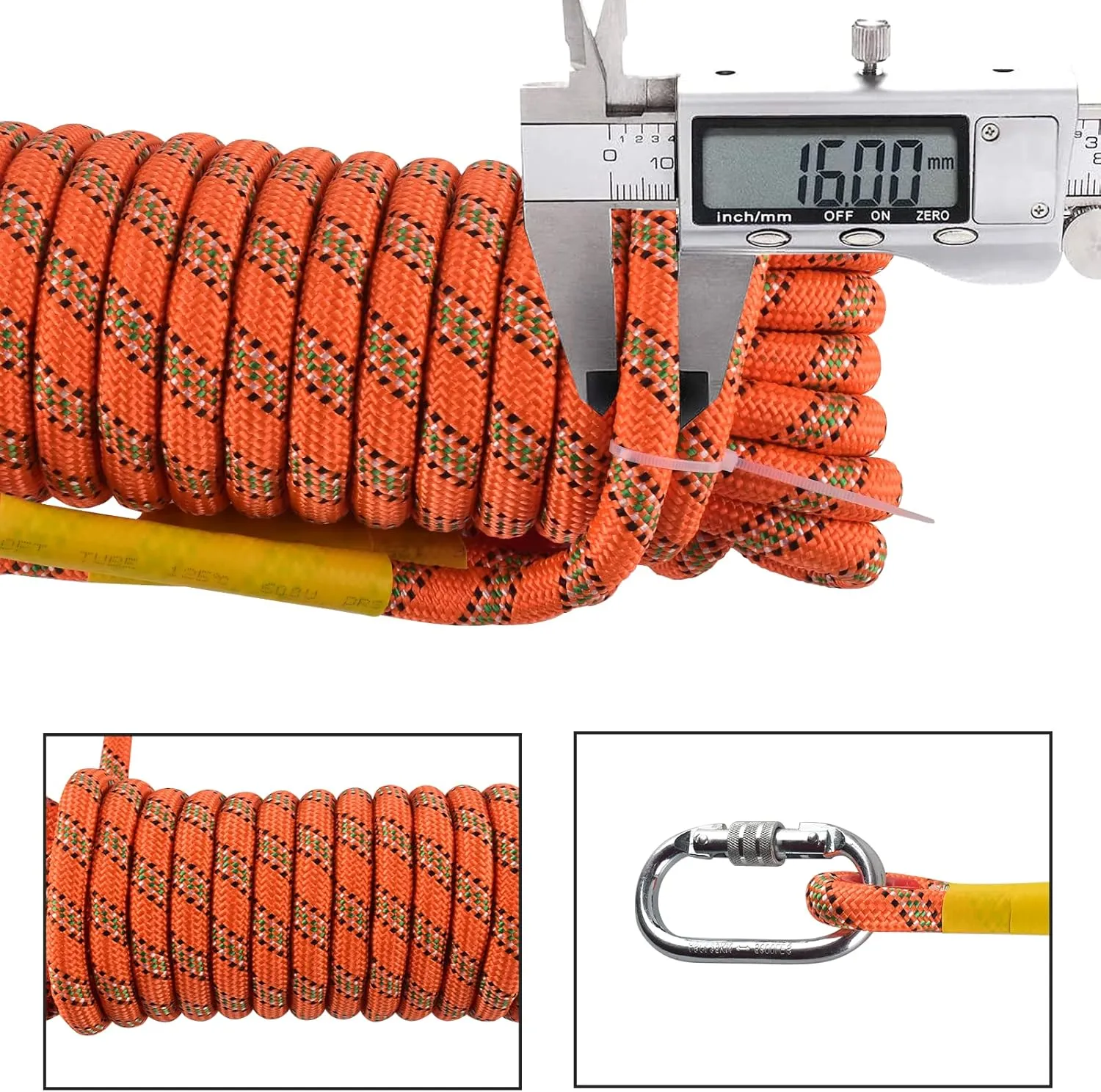 16mm 64Ft/20m Climbing Rope Strong Rope Tree Climbing Gear Static Climbing Rope Arborist Equipment Rock Climbing Heavy Duty Tree Stand Camping Rope Survival Equipment Orange