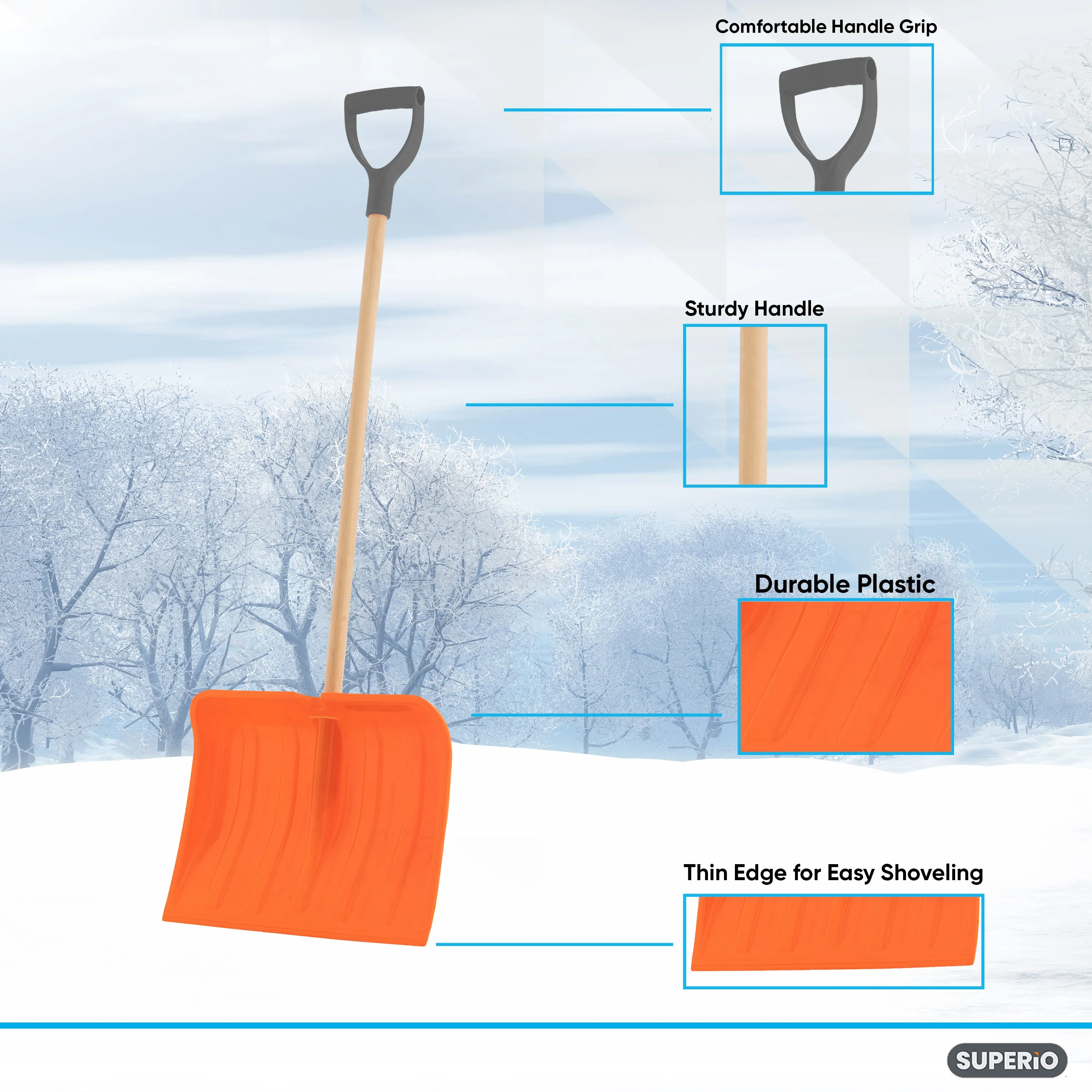 16" Wide Orange Snow Shovel with D-Shaped Wooden Handle. - Height 50"