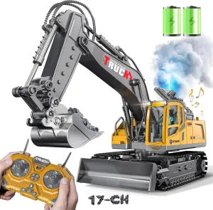 17CH Remote Control Excavator Construction Toy for Boys - 2400mAh RC Excavator Toy with Metal Shovel/Spray/Lights/Sounds, RC Digger Construction Vehicles Toys Excavator Toys Gift for Boys 8-12 Yr Old