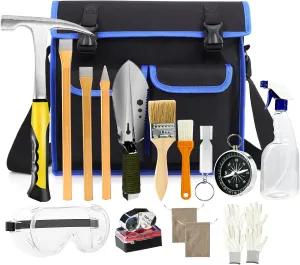 17PCS Geology Rock Pick Hammer Kit, 32oz Hammer & 3 PCS Digging Chisels Set for Rock Hounding, Gold Mining & Prospecting Equipment Tool with Multi-function Sholve, Compass, Whistle, Chisel