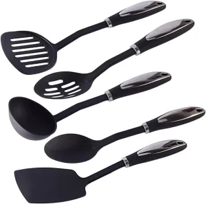1set 5pcs Nylon Spatula Set Non-stick Cooking Tool Cooking Spatula Kitchen Shovel Nylon Kitchenware Soup Spoon Ladle Black