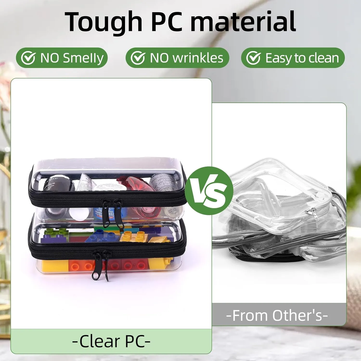 2 Pack Clear Hard Zipper Pouch, Hard PC Plastic Cosmetic Travel Bag with Zipper, Portable Travel Organizer Bins, Durable Makeup Bags for Toy Storage, Pencil Case, Men and Women Carry-on Travel