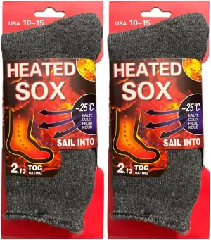 2 Pair, Men's Heated Sox Socks Thick Thermal Socks Keeps Feet Warmer Longer 2.3 TOG heat rating.Size: 10-15.