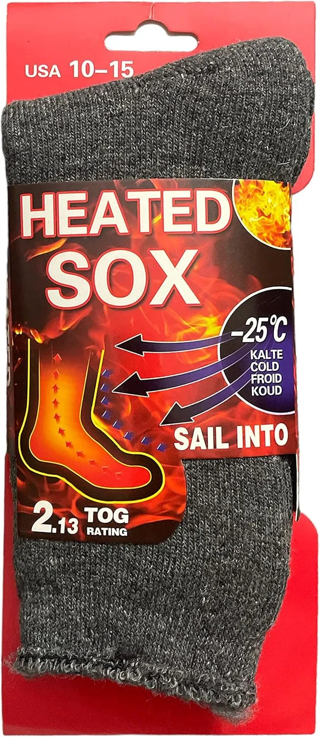 2 Pair, Men's Heated Sox Socks Thick Thermal Socks Keeps Feet Warmer Longer 2.3 TOG heat rating.Size: 10-15.