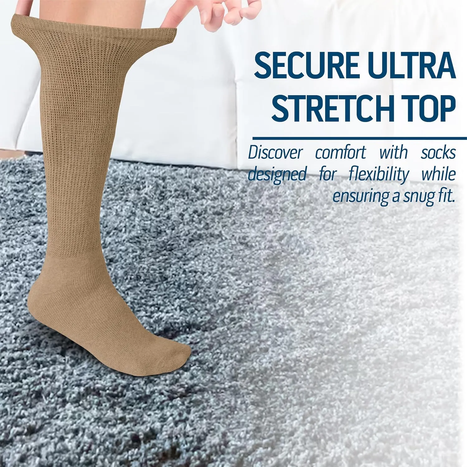 2 Pairs Diabetic Socks Over The Calf - Knee High Premium Cotton Socks Men's Size 10-13 Big & Tall Size 13-16