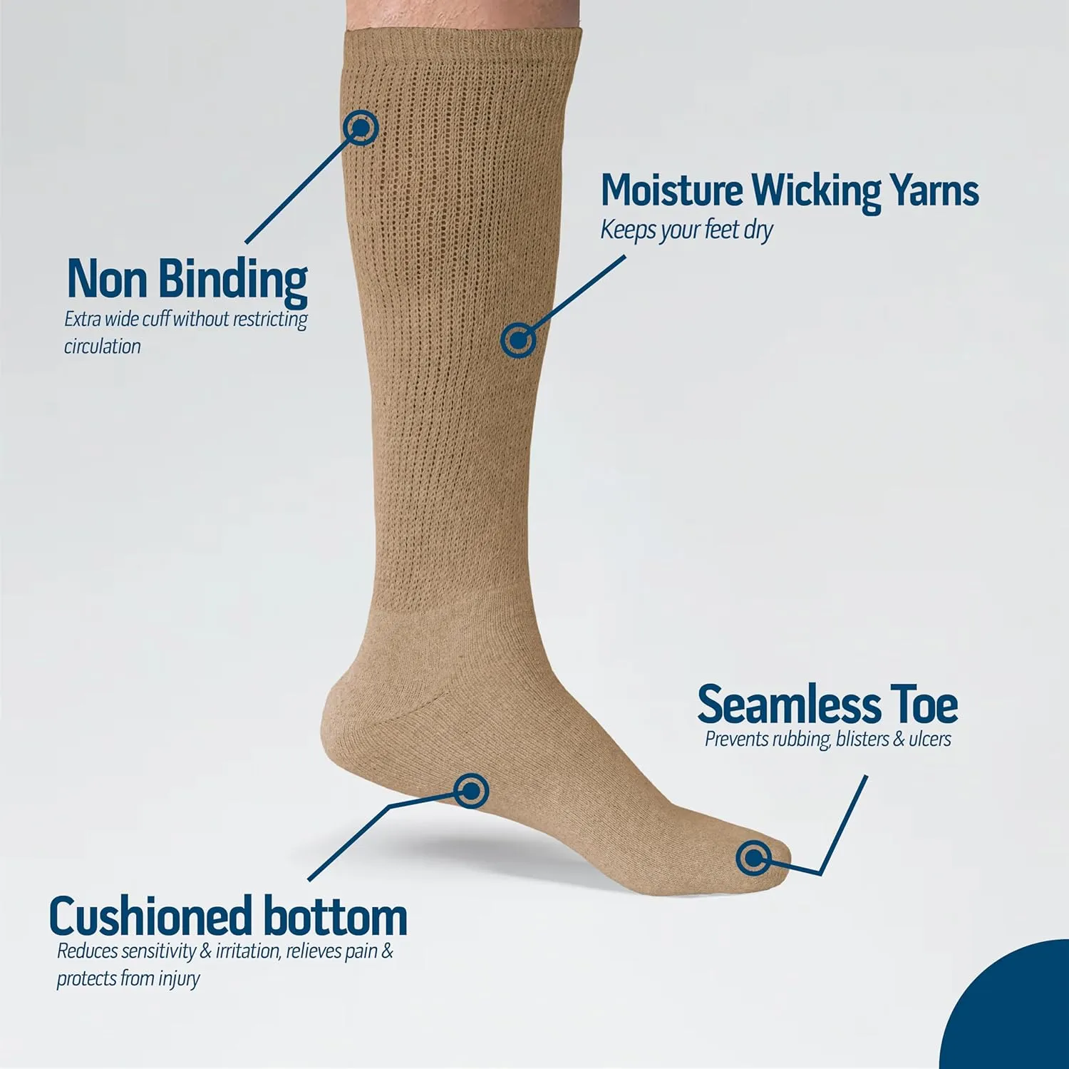 2 Pairs Diabetic Socks Over The Calf - Knee High Premium Cotton Socks Men's Size 10-13 Big & Tall Size 13-16