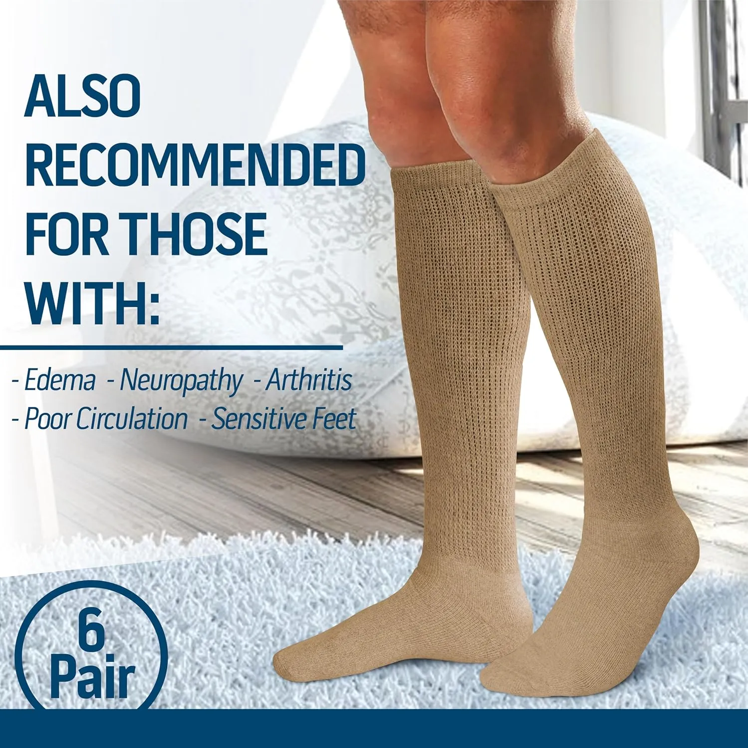 2 Pairs Diabetic Socks Over The Calf - Knee High Premium Cotton Socks Men's Size 10-13 Big & Tall Size 13-16