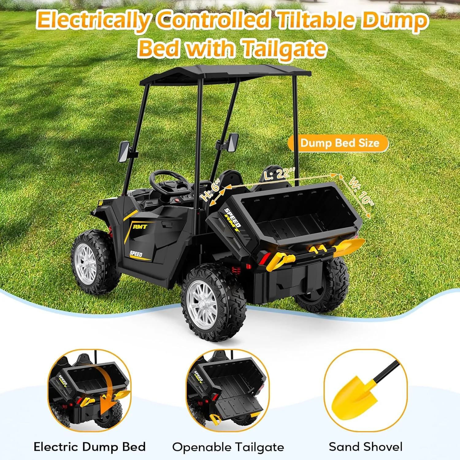 2 Seater Ride on Dump Truck, 24V Ride on Big Toy with Dump Bed for Kids, 800W Electric Vehicle with Music Player, Shovel, LED Light, 4WD Electric Car for Boys Girls, Black