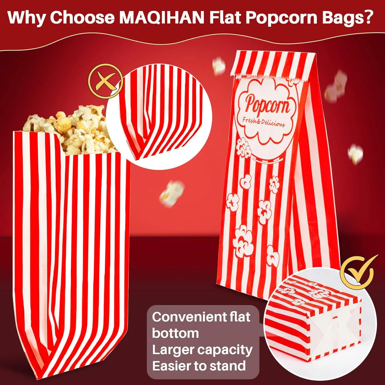 200 Popcorn Bags Individual Servings - Flat Bottom Paper Popcorn Food Bags Party Pop Corn Sleeves Bulk Carnival Halloween Snack Pack Gift Favor Treat bolsas para palomitas Movie Night Supplies