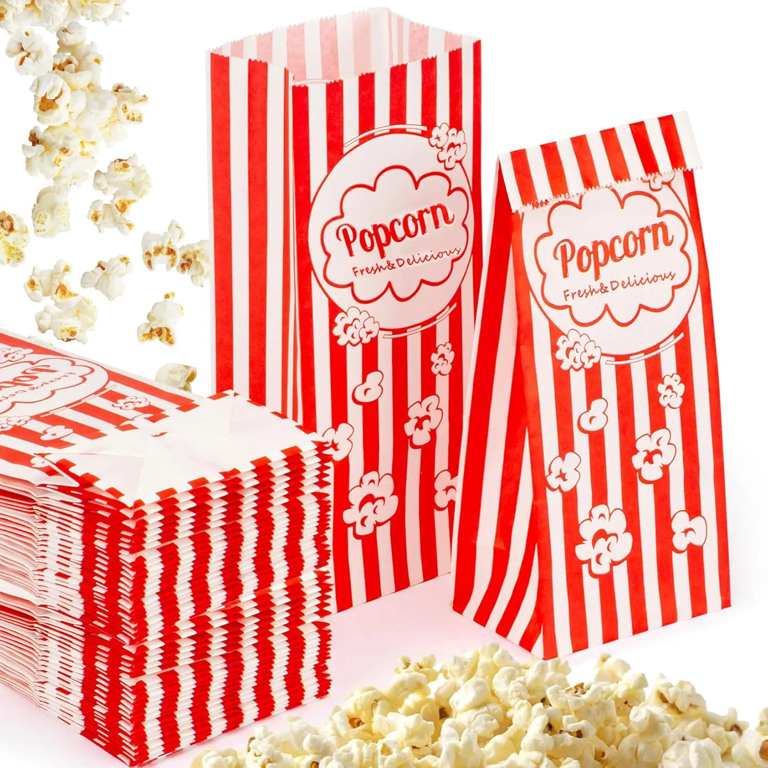 200 Popcorn Bags Individual Servings - Flat Bottom Paper Popcorn Food Bags Party Pop Corn Sleeves Bulk Carnival Halloween Snack Pack Gift Favor Treat bolsas para palomitas Movie Night Supplies