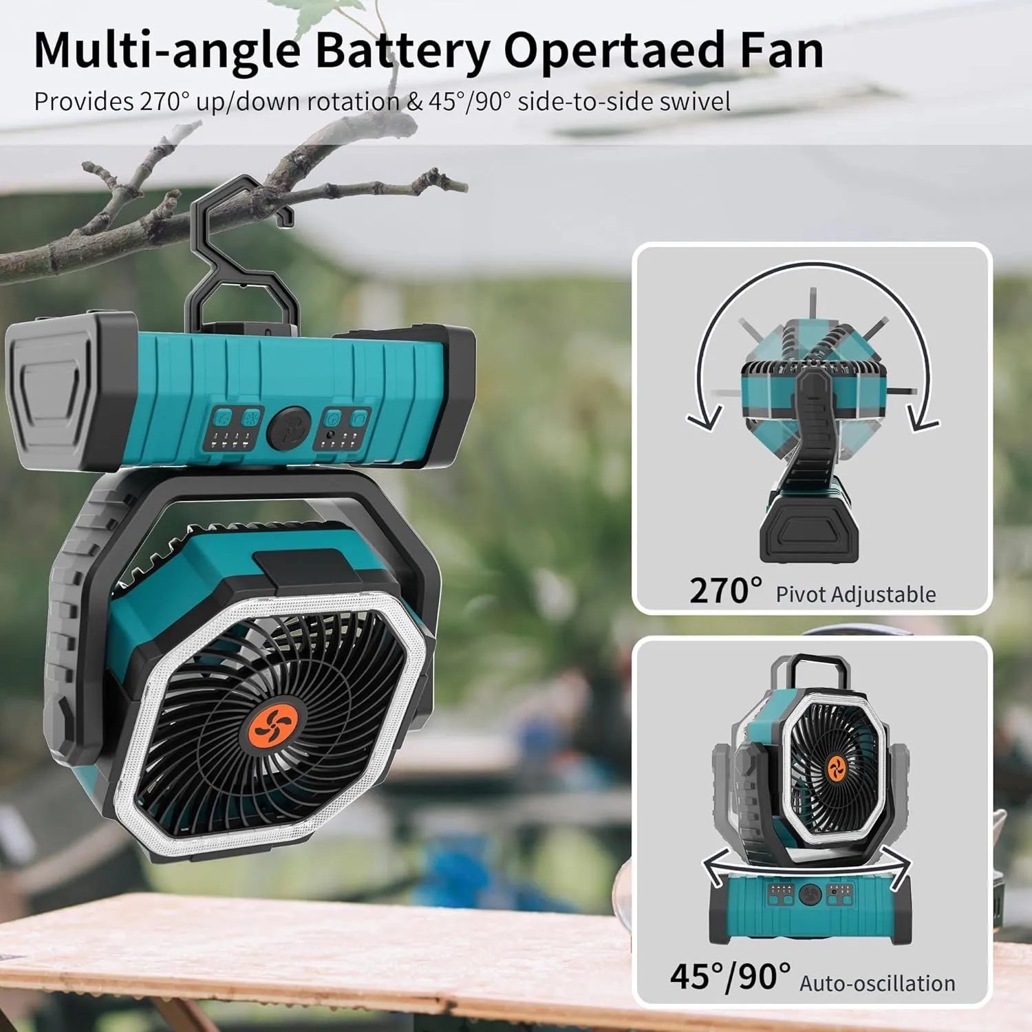 20000mAh Outdoor Camping Fan Battery Operated,Portable Rechargeable Battery Powered Fan with LED Light,360°Oscillating & 8H Timer USB Rechargeable Personal Cordless Travel Fans with Hook F6 Cyan