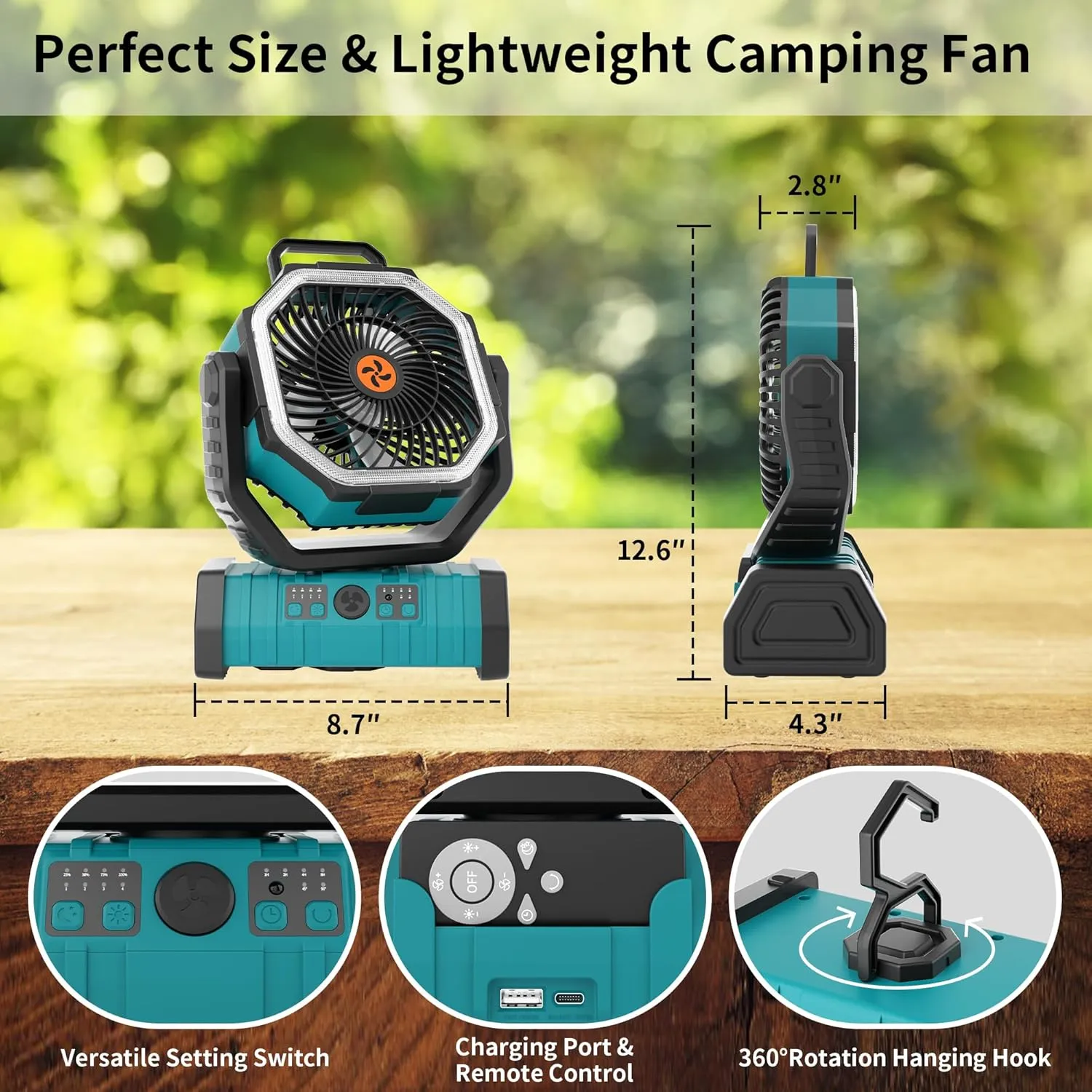 20000mAh Outdoor Camping Fan Battery Operated,Portable Rechargeable Battery Powered Fan with LED Light,360°Oscillating & 8H Timer USB Rechargeable Personal Cordless Travel Fans with Hook F6 Cyan