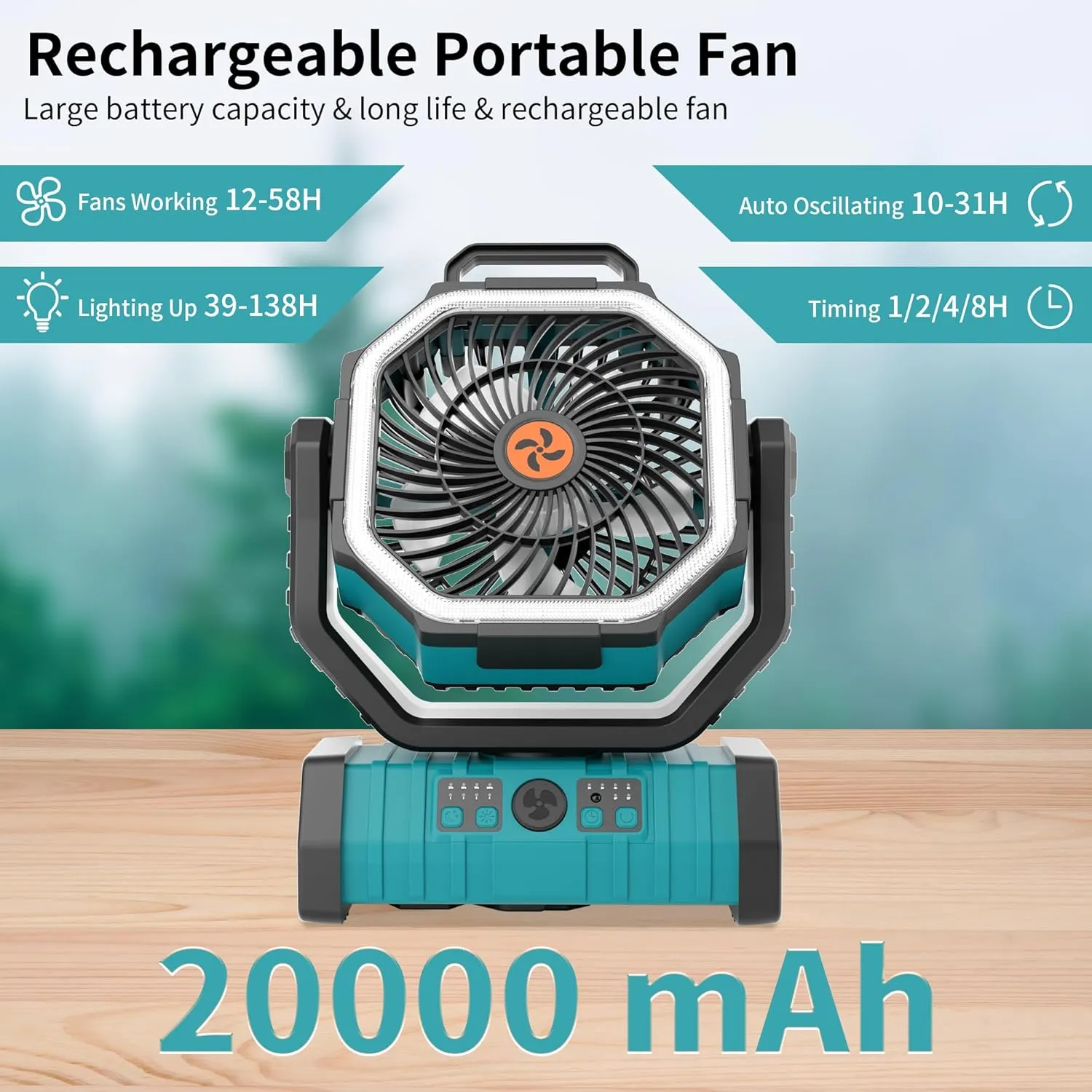20000mAh Outdoor Camping Fan Battery Operated,Portable Rechargeable Battery Powered Fan with LED Light,360°Oscillating & 8H Timer USB Rechargeable Personal Cordless Travel Fans with Hook F6 Cyan