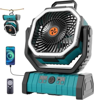 20000mAh Outdoor Camping Fan Battery Operated,Portable Rechargeable Battery Powered Fan with LED Light,360°Oscillating & 8H Timer USB Rechargeable Personal Cordless Travel Fans with Hook F6 Cyan