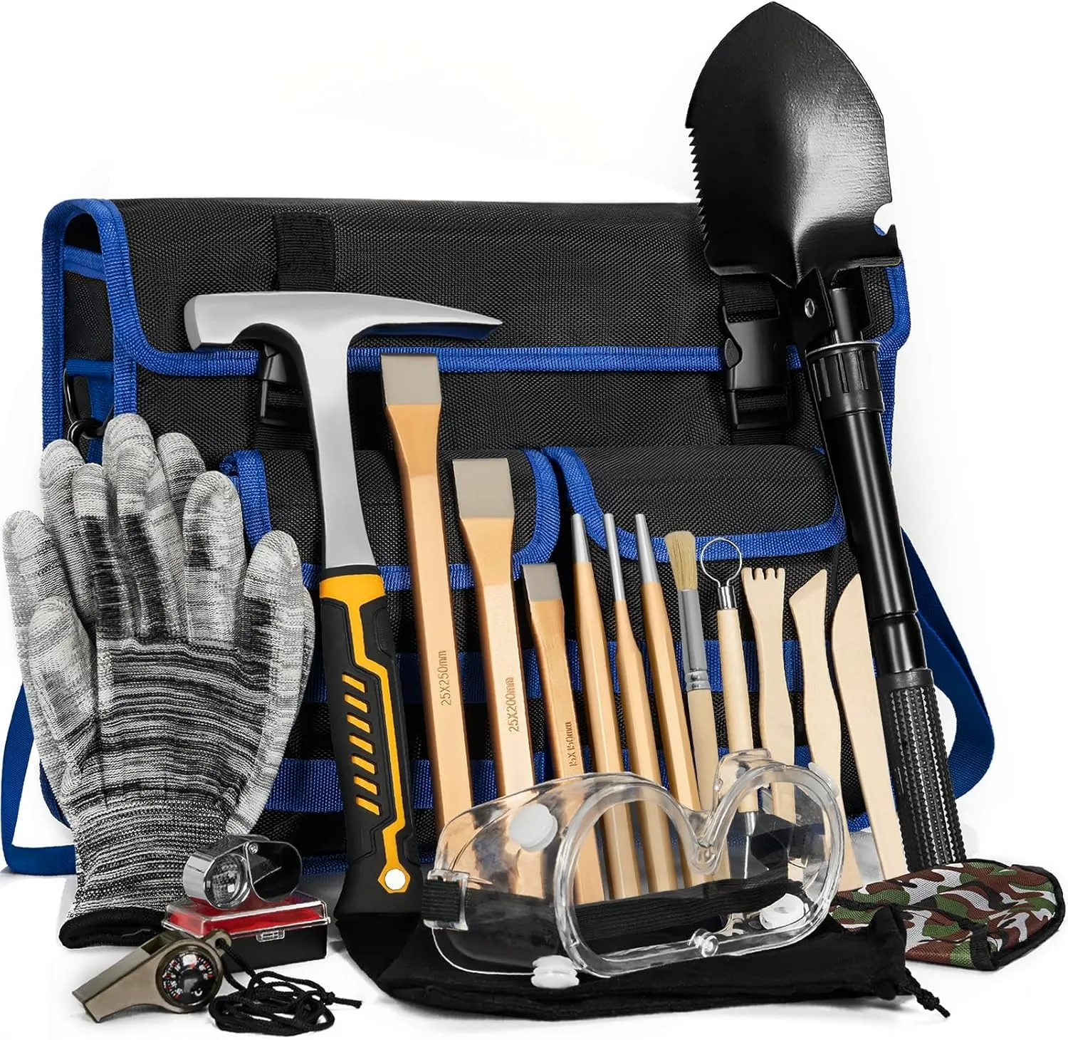 20PCS Geology Rock Pick Hammer Kit, Gold Mining & Prospecting Equipment Tool, including 6 PCS Digging Chisels Set & 32oz Hamme, Shovel, Wooden Chisel, magnifying glass, Whistle, goggles