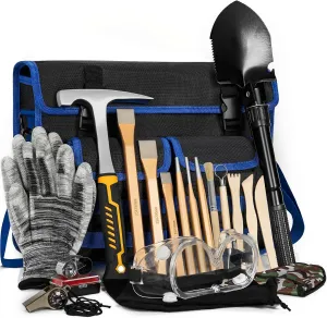 20PCS Geology Rock Pick Hammer Kit, Gold Mining & Prospecting Equipment Tool, including 6 PCS Digging Chisels Set & 32oz Hamme, Shovel, Wooden Chisel, magnifying glass, Whistle, goggles
