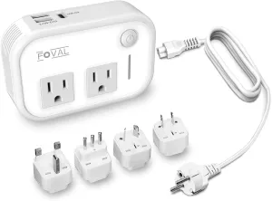220V to 110V Converter Travel Adapter: FOVAL International Step Down Power Converter for Hair Straightener/Curler with 18W USB-C Port Outlet Voltage Converter US to Europe Italy UK AU China Plug